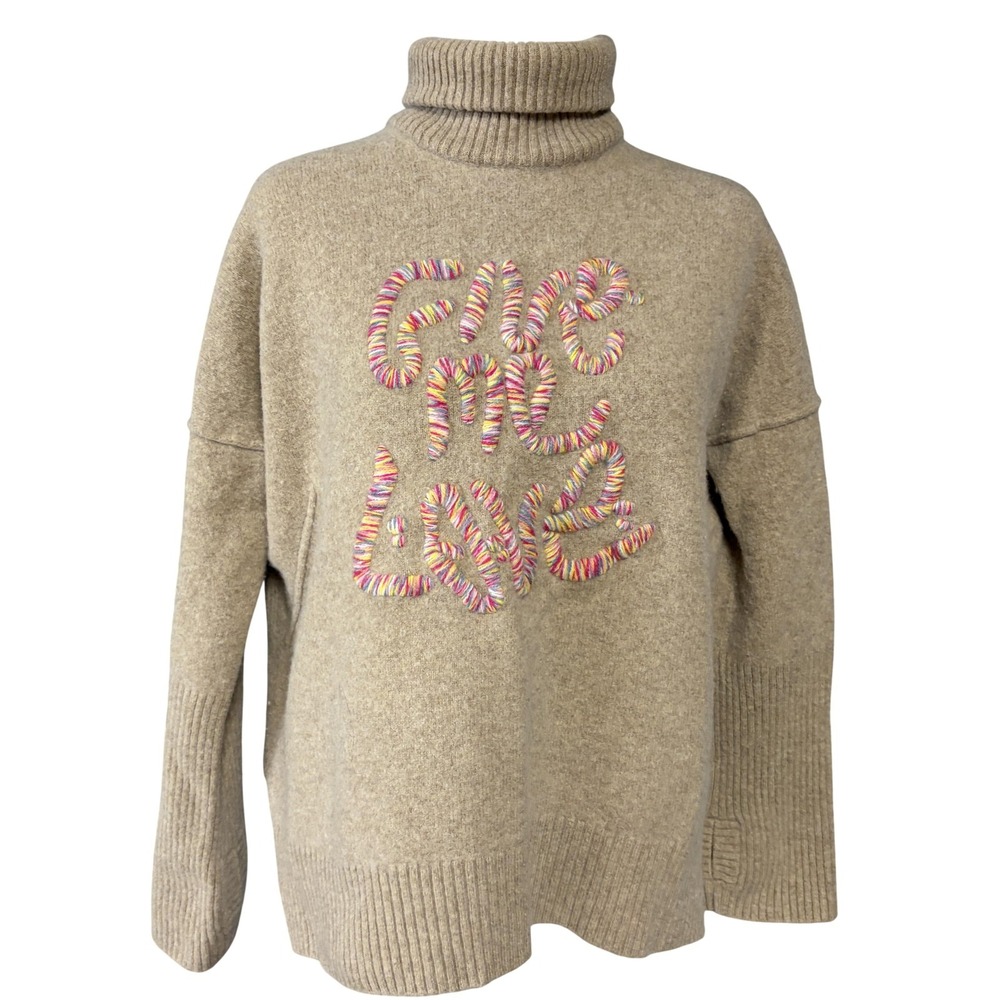 Zadig & Voltaire Sweater Womens M Beige Wool Embroidered Turtleneck Give Me Love